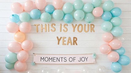 Pastel balloons and wooden letters spell out inspirational messages