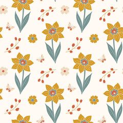 Seamless pattern with yellow daffodils, butterflies and spring flowers. Botanical floral springtime background with texture