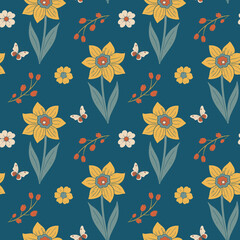Seamless pattern with yellow daffodils, butterflies and spring flowers. Botanical springtime dark background with texture