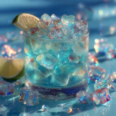 Refreshing blue cocktail with ice and lime wedge in glass tumbler against sparkling bokeh night light background
