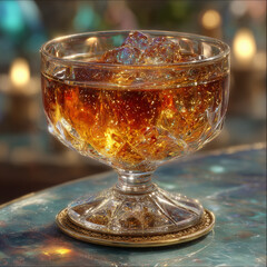 Elegant amber cocktail with ice in crystal glass on marble table with warm bokeh lighting atmosphere
