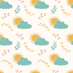 Seamless spring pattern with sun and cloud and blooming branches. Springtime background with texture