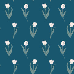 Spring seamless pattern with delicate white tulips on blue background. Soft floral background in flat style