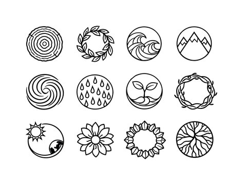 Nature-Inspired Symbol Set. Sacred circle. Line icon set of nature-inspired sacred circles: tree ring, leaf circle, wave circle, mountain ring, wind swirl,