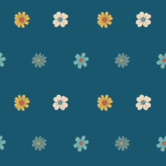 Spring seamless pattern with delicate daisies and spring flowers on dark background in flat style