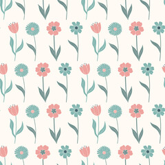 Spring seamless pattern with delicate tulips, daisies and spring flowers. Soft floral background in flat style