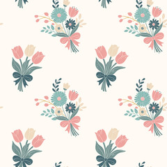 Spring seamless pattern with delicate bouquets with tulips, daisies and spring flowers. Soft floral background in flat style