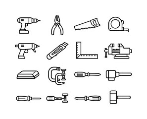 Handcraft Tools Icons. Handcraft workshop tools. Line icon set of Handcraft workshop tools: drill, pliers, saw, measuring tape, glue gun, utility knife, square