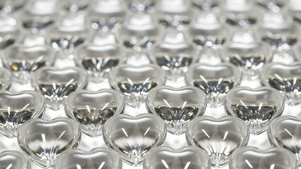 A close up view of numerous transparent heart shaped glass or plastic objects
