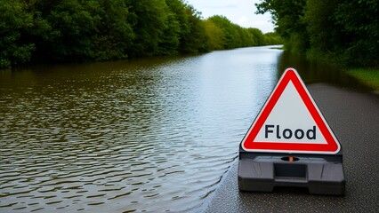 Flood warning sign near waterway during rainy weather in countryside area