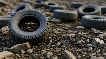 Discarded tires scattered on gravel near construction site