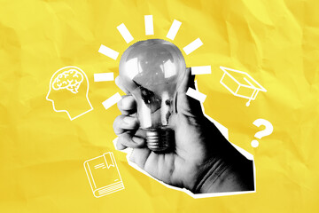 Hand holding glowing light bulb with education icons on yellow crumpled paper.,Creative idea, brainstorming, and knowledge concept with book, brain, and graduation symbols.,Mixed media style.