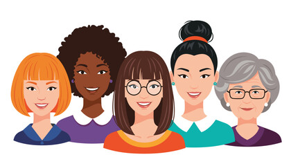 Vector Portrait of Five Diverse Women Standing Together in Unity