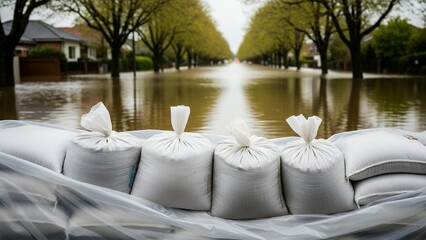 Sandbags line street as floodwaters rise in residential area