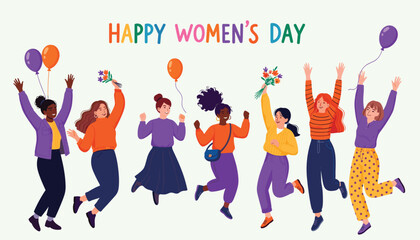Happy Women's Day Vector Featuring Seven Cheerful Women in Celebration
