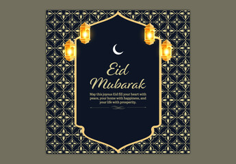 Editable Eid Mubarak Social Media Greeting Post Design with Crescent Moon, Hanging Illuminated Arabic Lamps on Dark and Yellow Islamic Pattern Background.