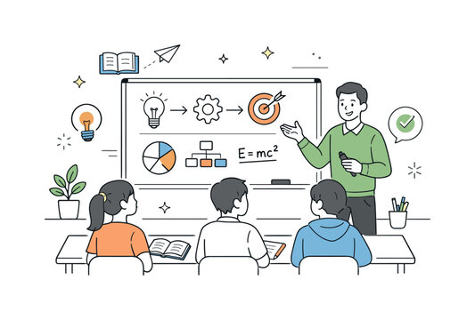 Teacher's Clarifying Diagrams. Education with instructor. Teacher standing near a board explaining concepts to students, using simple diagrams and notes. Calm