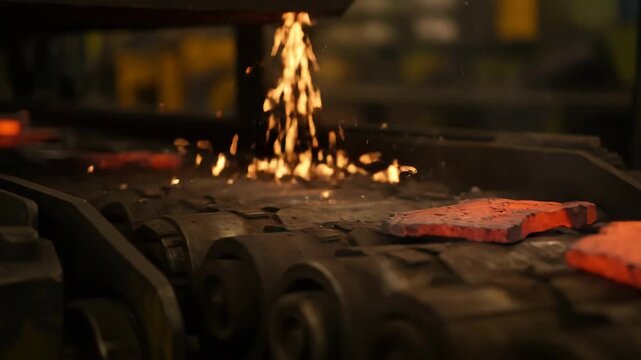 Molten metal sparks fall onto hot metal shapes, on a factory conveyor belt