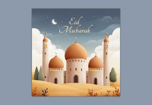 Editable Eid Mubarak Social Media Greeting Post Design with Mosque Illustration Under Crescent Moon and Cloudy Sky on Desert Landscape.