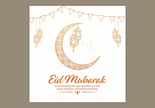 Editable Eid Mubarak Social Media Greeting Post Design with Linear Style Crescent Moon, Creative Mosque and Hanging Arabic Lamps on White Islamic Pattern Background.