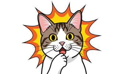 Funny Surprised Cat Vector Illustration with Comic Style Explosion Background for Emotional Expression and Reaction Memes 