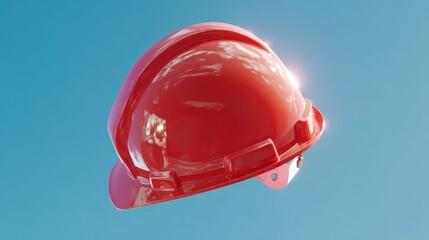 Construction helmet floating against blue sky with bright sunlight reflecting on its surface