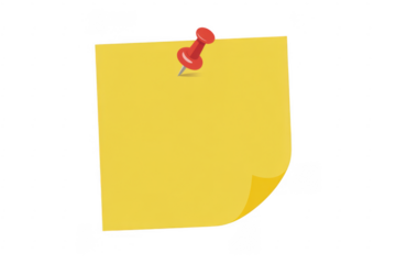 Yellow sticky note with red push pin office supplies isolated on a transparent background
