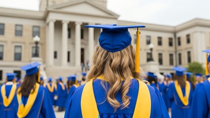 Graduates gather outside a university building during a ceremony