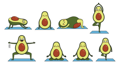 Cartoon Avocados Doing Yoga Poses &ndash; Funny Wellness and Fitness Characters on Mats in Playful Style Vector 
