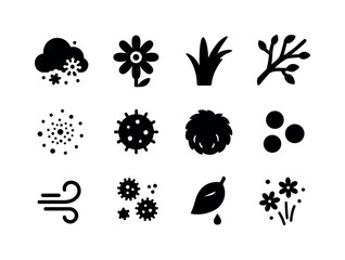 Spring Allergy Icons. Spring allergies. Solid icon set of common allergy triggers: pollen cloud, flower bloom, grass blade, tree branch, dust speck, mold
