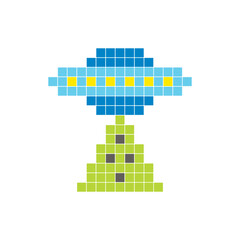 Fototapeta premium A flat pixel design made of geometric square color blocks on a clean icon layout. Pixel art UFO