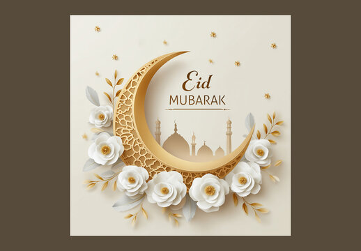 Editable Eid Mubarak Social Media Greeting Post with Golden Exquisite Crescent Moon, Flowers Decorative and Silhouette Mosque on White Background.