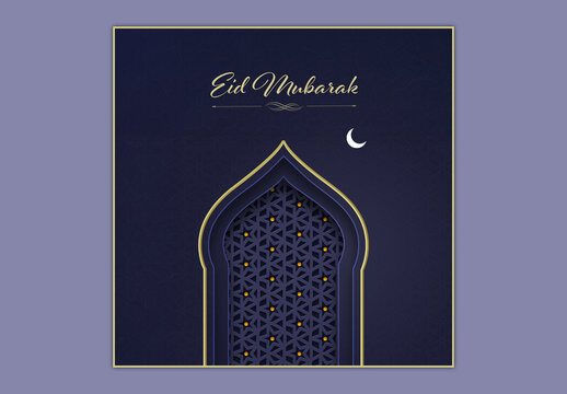 Editable Eid Mubarak Social Media Greeting Post Design with Crescent Moon with Elegant Islamic Arch and Dark Blue Geometric Pattern Background.