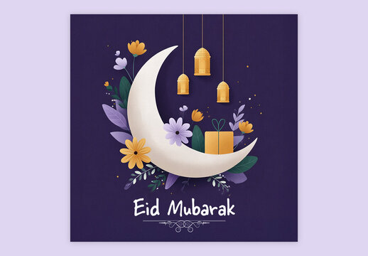 Editable Eid Mubarak Social Media Greeting Post with Crescent Moon, Gift Box, Hanging Arabic Lamps and Decorative Floral on Dark Blue Background.