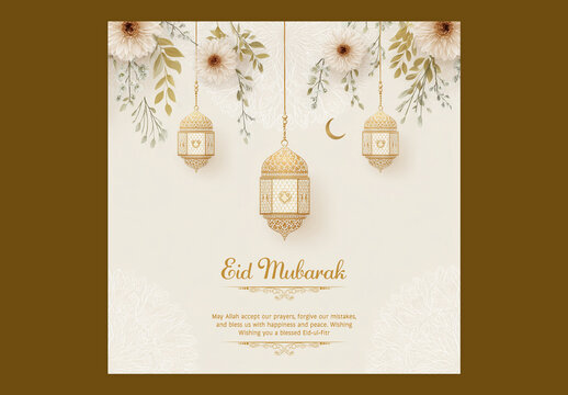 Editable Eid Mubarak Social Media Greeting Post with Golden Crescent Moon, Hanging Arabic Lamps and Flowers Decorative on Beige Background.