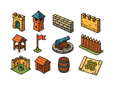 Colorful Fort Icons. Historic forts. Colorful isometric vector icons set of historic forts: fort gate, watchtower, stone wall, battlement rampart, guard post,
