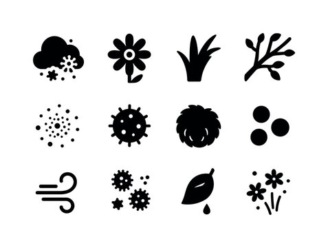 Spring Allergy Icons. Spring allergies. Solid icon set of common allergy triggers: pollen cloud, flower bloom, grass blade, tree branch, dust speck, mold