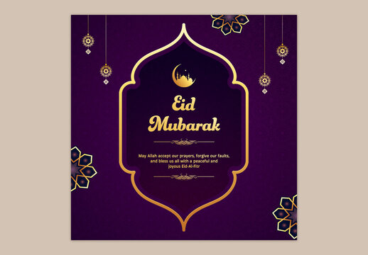Editable Eid Mubarak Social Media Greeting Post in Golden and Purple Theme Design.