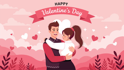 Valentine&rsquo;s Day Illustration with Couple &ndash; Pink Hills, Red Hearts, and Celebration Banner Vector 
