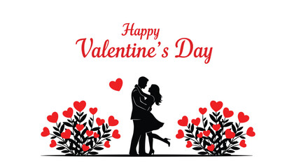 Couple Silhouette in Loving Embrace &ndash; Valentine&rsquo;s Day Scene with Red Hearts and Bushes Vector 