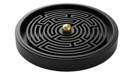 Minimalist black circular labyrinth game with intricate maze grooves and shiny golden ball bearing. Perfect for dexterity puzzles, zen toys or decorative objects. PNG format, transparent background.
