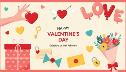 Valentine&rsquo;s Day Celebration Icons &ndash; Heart, Gift, Cupcake, Key, and Balloons in Festive Layout Vector