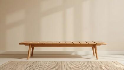 Modern wooden bench in minimalist beige interior with rug