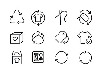 Circular Fashion Icons. Circular fashion. Line icon set of Circular fashion: recycling arrows, clothing loop, repair needle, upcycle icon, donate box, swap
