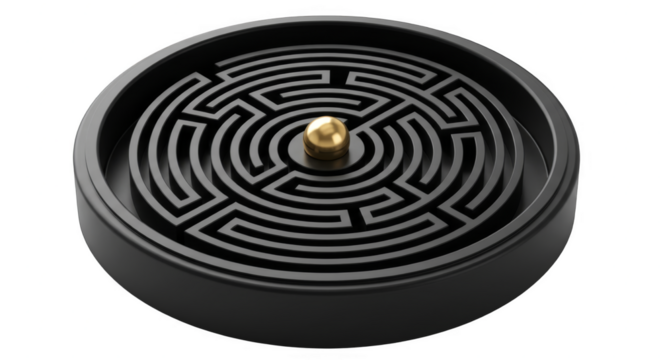 Minimalist black circular labyrinth game with intricate maze grooves and shiny golden ball bearing. Perfect for dexterity puzzles, zen toys or decorative objects. PNG format, transparent background. - Powered by Adobe