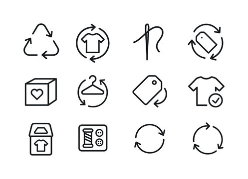 Circular Fashion Icons. Circular fashion. Line icon set of Circular fashion: recycling arrows, clothing loop, repair needle, upcycle icon, donate box, swap