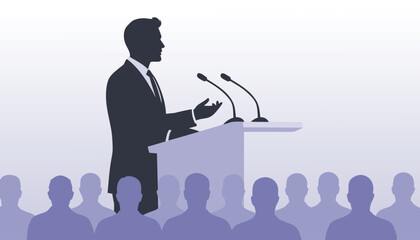 Professional Speaker Illustration &ndash; Man in Suit Presenting to Crowd in Elegant Atmosphere Vector