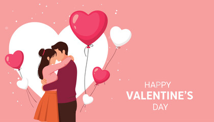 Love Celebration with Couple and Balloons &ndash; Valentine&rsquo;s Day Mood in Soft Pink Background Vector