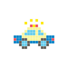 A flat pixel design made of geometric square color blocks on a clean icon layout. Pixel art police car