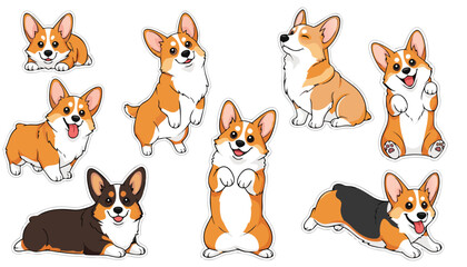 Cute Corgi Cartoon Set &ndash; Playful Dog Poses and Expressions in Whimsical Style Vector 